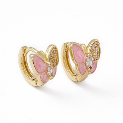 Pink Clear Cubic Zirconia Butterfly Hoop Earrings with Enamel, Real 18K Gold Plated Brass Jewelry for Women, Lead Free & Cadmium Free, Pink, 11.5x13x10mm, Pin: 1mm
