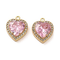 Pink Real 14K Gold Plated 304 Stainless Steel Pendants, with Glass and Rhinestone, Heart Charms, Pink, 16.5x13.5x6mm, Hole: 1.6mm
