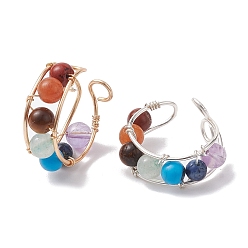 Mixed Stone 2Pcs Chakra Jewelry, Natural & synthetic Gemstone Cuff Earring, with Copper Wire, 17.5x9x20mm, 2pcs/set