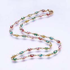 Golden 304 Stainless Steel Chain Necklaces, with Enamel and Lobster Claw Clasps, Ion Plating (IP), Oval with Evil Eye, Golden, 17.5 inch(44.5cm)