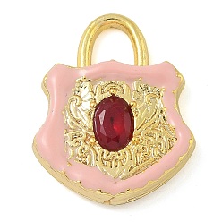 Pink Стеклянные подвески из латуни с покрытием стойки, с эмалью, долговечный, без свинца и без кадмия, реальный 18 k позолоченный, запирать, розовые, 22x17.5x4 мм, отверстие : 4x4.5 мм