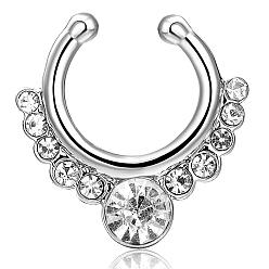 Clear Personality Brass Cubic Zirconia Clip-on Nose Septum Rings, Nose Piercing Jewelry, Circular/Horseshoe Barbell, Platinum, Clear, 17x16mm