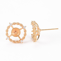 Real 18K Gold Plated Brass Micro Pave Clear Cubic Zirconia Stud Earrings Findings, for Half Drilled Bead, Nickel Free, Flat Round, Real 18K Gold Plated, 16x14mm, Pin: 0.8mm, Pin: 1mm(for Half Drilled Bead)
