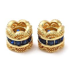 Royal Blue Rack Plating Brass Cubic Zirconia European Beads, Large Hole Beads, Long-Lasting Plated, Lead Free & Cadmium Free, Flower Column, Real 18K Gold Plated, Royal Blue, 8x7mm, Hole: 4.6mm