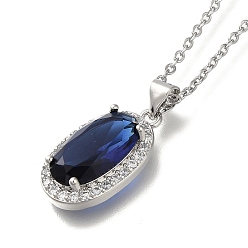 Синий 304 из нержавеющей стали кабель цепи ожерелья, Овальные подвески из латуни с прозрачным кубическим цирконием, платины и нержавеющая сталь цвет, синие, 17.52 дюйм (44.5 см)