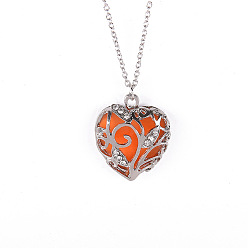 Orange Red Luminous Glow in the Dark Alloy Heart Cage Pendant Necklace, Orange Red, 11.26 inch(28.6cm)