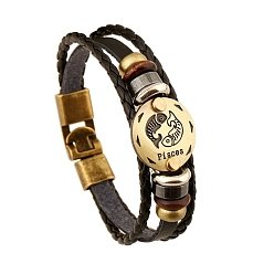 Pisces Braided Cowhide Cord Multi-Strand Bracelets, Constellation Bracelet for Men, with Wood Bead & Alloy Clasp, Pisces, 7-7/8~8-1/2 inch(20~21.5cm) 