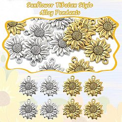 Mixed Color 10PCS 2Colors Sunflower Tibetan Style Alloy Pendants, Mixed Color, 21.5x19x2.5mm, Hole: 1.8mm, 5pcs/color