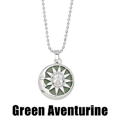 Green Aventurine Sun and Moon Pendant Necklace with Crystal & Agate for Women - Elegant Lock Collar Chain