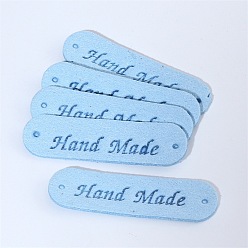 Light Sky Blue Imitation Leather Label Tags, with Holes & Word Hand Made, for DIY Jeans, Bags, Shoes, Hat Accessories, Rounded Rectangle, Light Sky Blue, 12x45mm