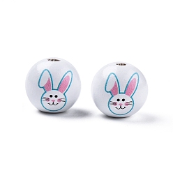 Rabbit Easter Theme Printed Wooden Beads, Round, Turquoise, Rabbit Pattern, 15.5~16x15mm, Hole: 3.5mm