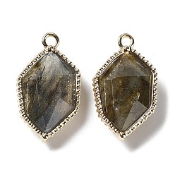 Labradorite Natural Labradorite Pendants, Faceted Hexagon Charms with Rack Plating Golden Plated Brass Edge Loops, 22.5x13x6.5~7mm, Hole: 1.5~1.6mm