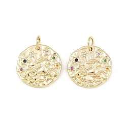 Capricorn Brass Micro Pave Colorful Cubic Zirconia Charms, Round with Constellation Charms, Rack Plating, Long-Lasting Plated, Cadmium Free & Lead Free, Golden, Capricorn, 14~15x14~15x1.6~2.2mm