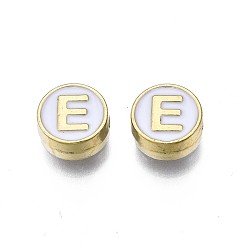 Letter E Alloy Enamel Beads, Cadmium Free & Lead Free, Light Gold, Flat Round with Alphabet, White, Letter.E, 8x4mm, Hole: 1.5mm