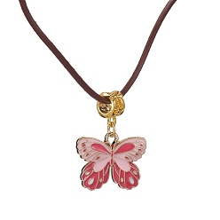 Pink Alloy Enamel Butterfly Pendant Necklaces, with Cowhide Leather Cord, Pink, 19.61~19.80 inch(49.8~50.3cm)