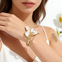 Golden Alloy Enamel Hinged Cuff Bangles for Women, White Fleur De Lis, Golden, Inner Diameter: 2.36 inch(6cm)