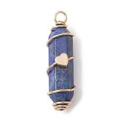 Lapis Lazuli Natural  Lapis Lazuli Copper Wire Wrapped Pointed Pendants, Faceted Bullet Charms with Golden Tone Brass Heart Beads, 34.5~37x10.5x12mm, Hole: 2.7mm