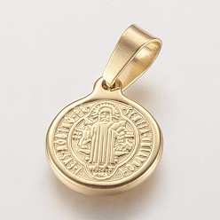 Golden Ion Plating(IP) 304 Stainless Steel Pendants, Flat Round with Saint Benedict Medal, Golden, 16x13x2mm, Hole: 4x6mm