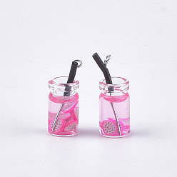 Hot Pink Glass Bottle Pendants, with Resin, Plastic and Iron Findings, Fruit Tea Charms, Platinum, Hot Pink, 25~28x10mm, Hole: 1.8mm