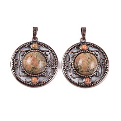 Унакит Природные подвески Unakite, покрытие стойки латунные полые плоские круглые подвески, без кадмия и без свинца, Красная медь, 36.5x33x9.5 мм, отверстие : 7.5x5 мм