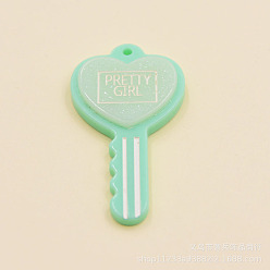 Аквамарин Большие подвески из непрозрачной смолы, Ключ-сердечко со словом прелести красивой девушки, с блеском порошок, аквамарин, 58x30 мм