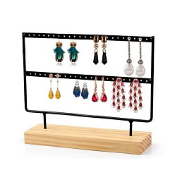 Black Double Levels Rectangle Iron Earring Display Stand, Jewelry Display Rack, with Wood Findings Foundation, Black, 29.3x6.9x21.5cm