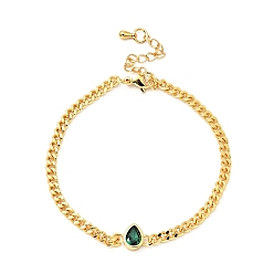 Dark Green Cubic Zirconia Teardrop Link Bracelet with Curb Chains, Gold Plated Brass Jewelry for Women, Lead Free & Cadmium Free, Dark Green, 7 inch(17.7cm)