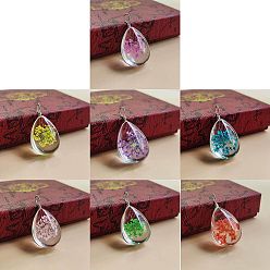 (52) Непрозрачная лаванда Подвески из прозрачного стекла и сухоцветов, для изготовления ювелирных изделий DIY, с латунной фурнитурой , слеза, платина, разноцветные, 30x20x10 мм