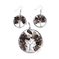 Smoky Quartz Brass Jewelry Sets, Big Pendants and Dangle Earrings, with Natural Smoky Quartz, Platinum, Ring with Tree of Life, 63~67x49~51x1.5~10mm, Hole: 4x5mm, 50~55x28~30x1.5~8mm, Pin: 0.8mm