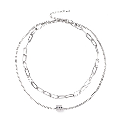 Stainless Steel Color Non-Tarnish 304 Stainless Steel Double Chains Multi Layered Necklace with Column Beaded for Women, Stainless Steel Color, 16.34 inch(41.5cm)