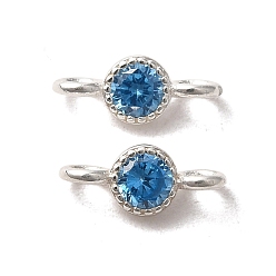 Dodger Blue 925 Sterling Silver Pave Cubic Zirconia Connector Charms, Half Round Links with 925 Stamp, Silver Color Plated, Dodger Blue, 8.5x3.5x2.5mm, Hole: 1.5mm