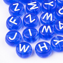 Blue Transparent Acrylic Beads, Horizontal Hole, Mixed Letters, Flat Round, Blue, 7x4mm, Hole: 1.5mm, about 3700pcs/500g