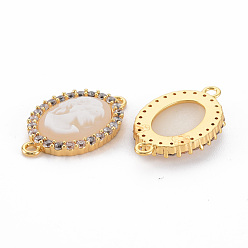PeachPuff Brass Clear Cubic Zirconia Links Connectors, with Resin, Nickel Free, Oval with Woman, Real 18K Gold Plated, PeachPuff, 22x14x4mm, Hole: 1.5mm