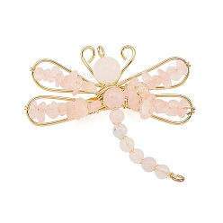 Розовый Кварц Броши из натурального розового кварца, латуни и железа, стрекоза, золотые, 45~52x51~52 мм