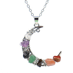 Mixed Stone Natural Mixed Gemstone Chips Crescent Moon Pendant Necklace, with Alloy Chains, 20.87 inch(53cm)