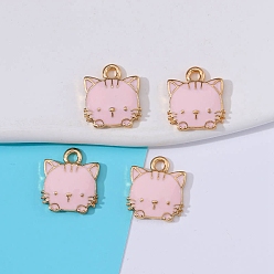 Pink Alloy Enamel Pendants, Cat Charm, Golden, Pink, 15x13mm
