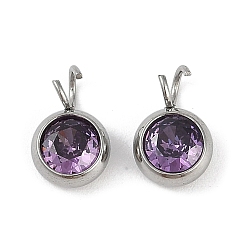 Фиолетовый 304 подвески из микро-паве из нержавеющей стали с фианитами, цвет нержавеющей стали, круглый шарм, фиолетовые, 10.5x6.5x4 мм, отверстие : 2.5 мм