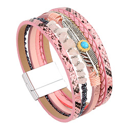 pink Bohemian Feather Turquoise Magnetic Clasp Bracelet - Vintage, Creative, Gravel Feather Fur Bracelet.