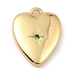Sea Green Brass Micro Pave Cubic Zirconia Charms, Long-Lasting Plated, Real 18K Gold Plated, Heart with Star, Sea Green, 13x10x2mm, Hole: 1mm