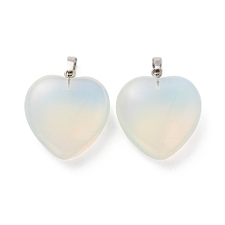 Opalite Opalite Pendants, Heart Charms, with Rack Plating Platinum Tone Brass Snap on Bails, 32~33x30~31x12~13mm, Hole: 5x8mm