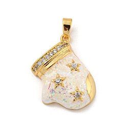 Snow Christmas Brass Micro Pave Cubic Zirconia Pendant, with Synthetic Opal, Christmas Stocking, Snow, 20x17.5x6mm, Hole: 5x3mm