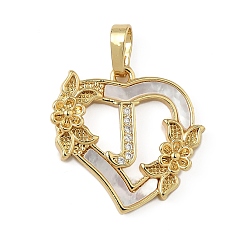 Letter J Латунь микропаве фианиты с подвесками-ракушками, Сердце и письмо, долговечный, без свинца и без кадмия, стойки покрытие, буква J, 20x20.5x3 мм, отверстие : 3.5x5 мм