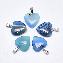 Sky Blue Natural Banded Agate/Striped Agate Pendants, Dyed, with Stainless Steel Snap On Bails, Heart, Stainless Steel Color, Sky Blue, 22~24x20~21x5~7mm, Hole: 3~4x7~8.5mm