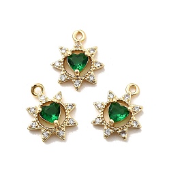 Морско-зеленый Латунные микро проложить кубического циркония прелести, цветок с сердцем, долговечный, стойки покрытие, без свинца и без кадмия, реальный 18 k позолоченный, цвета морской волны, 12.5x10.5x3.5 мм, отверстие : 1.2 мм
