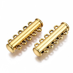 Golden 5-Strands Brass Magnetic Slide Lock Clasps, 10-Hole, Tube, Golden, 28.5x10.5x6.5mm, Hole: 1.5mm