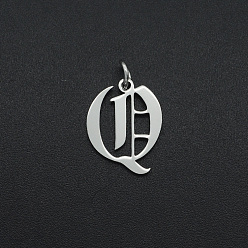 Letter Q 304 Stainless Steel Pendants, with Jump Ring, Old English, Letter, Laser Cut, Stainless Steel Color, Letter.Q, 16x12x1mm, Hole: 3mm