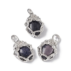 Синий Драгоценный Камень Синтетический синий авантюрин подвески, овальные амулеты, с фурнитурой в виде розы из латуни платинового цвета, без кадмия, без никеля и без свинца, 25~26x19~19.5x9~9.5 мм, отверстие : 7.5x5.5 мм