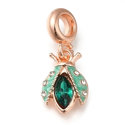 Розовое Золото Подвеска из эмалированного сплава с покрытием из сплава в европейском стиле, Подвески в виде божьей коровки с большими отверстиями и изумрудными стразами, розовое золото , 26 мм, отверстие : 4.5 мм, божья коровка: 16x10.5x4 мм