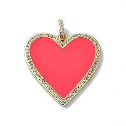 Cerise Rack Plating Real 18K Gold Plated Brass Micro Pave Cubic Zirconia Pendants, with Enamel, Long-Lasting Plated, Lead Free & Cadmium Free, Heart, Cerise, 31x30.5x2.5mm, Hole: 4.5x3mm
