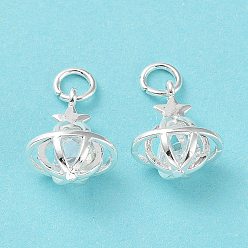 Silver Rack Plating Brass Clear Cubic Zirconia Pendants, Long-Lasting Plated, Cadmium Free & Lead Free, with Jump Rings, Planet, Silver, 16x12x8.5mm, Hole: 4mm